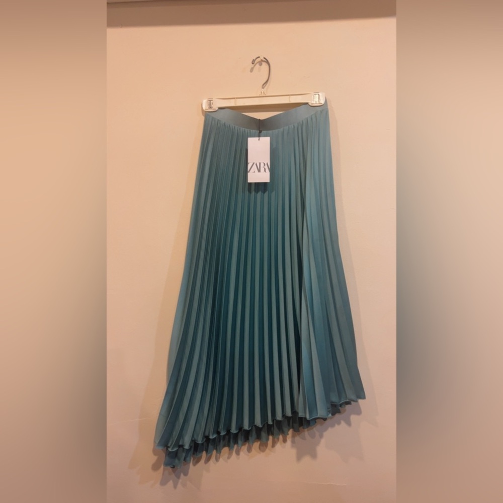 Zara Blue/Green Asymmetrical Pleated Midi Skirt